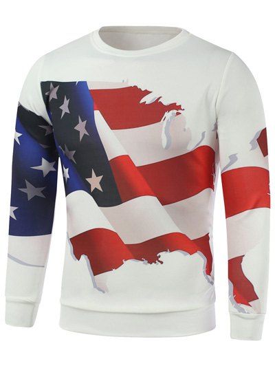 

3D Long Sleeve American Flag Printed Sweatshirt, White