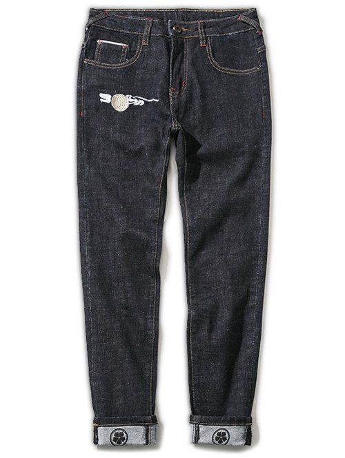 Jeans Plus Size à braguette zippée avec Chinoiserie et Grue brodée sur la jambe droite - Noir 46