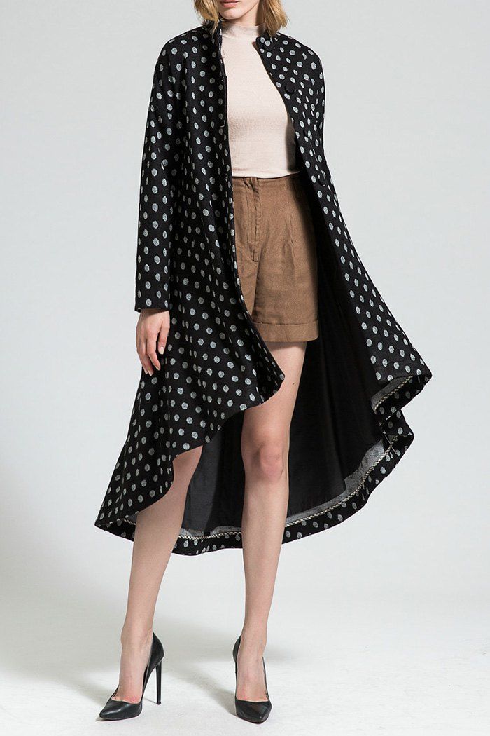 

Polka Dot High Low Wool Blend Coat, Black