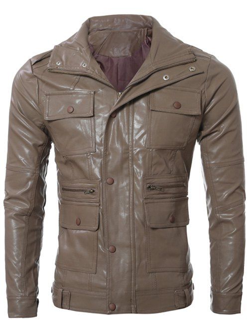 

Slim-Fit Multi Pocket Zipper Design PU Leather Jacket, Camel
