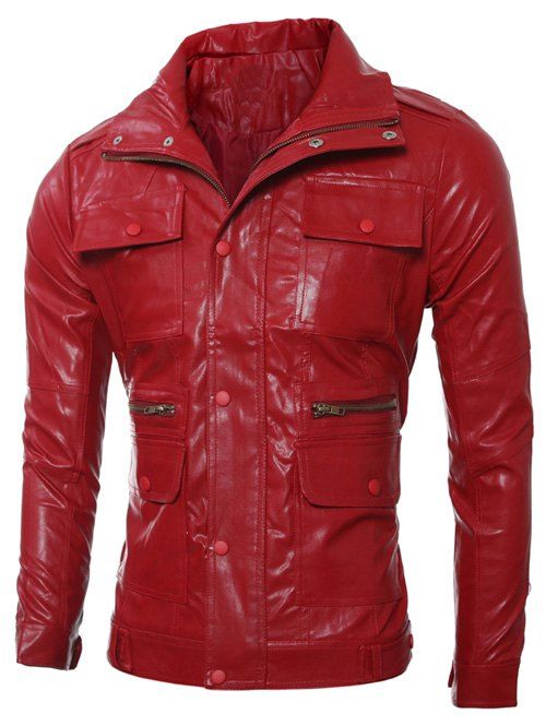 Veste de cuir ajustée à fermeture glissière et poche multiples - Rouge 2XL