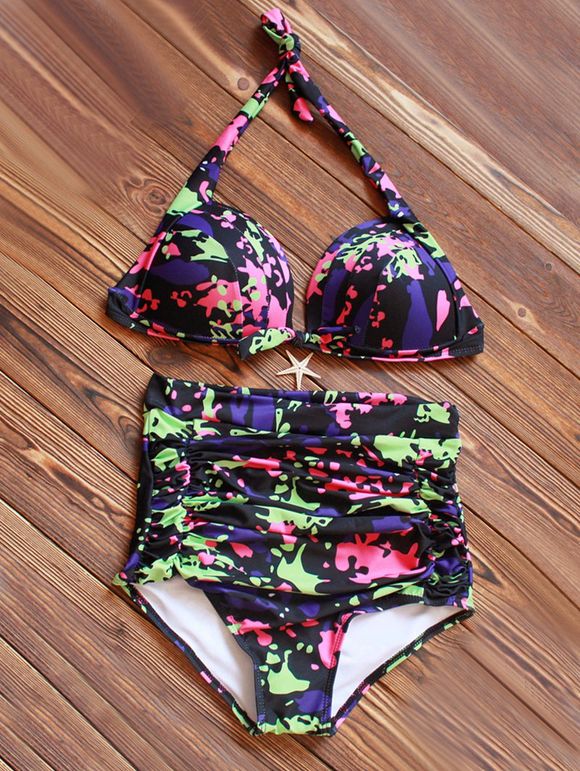 Bikini à licou taille haute imprimée - multicolore S