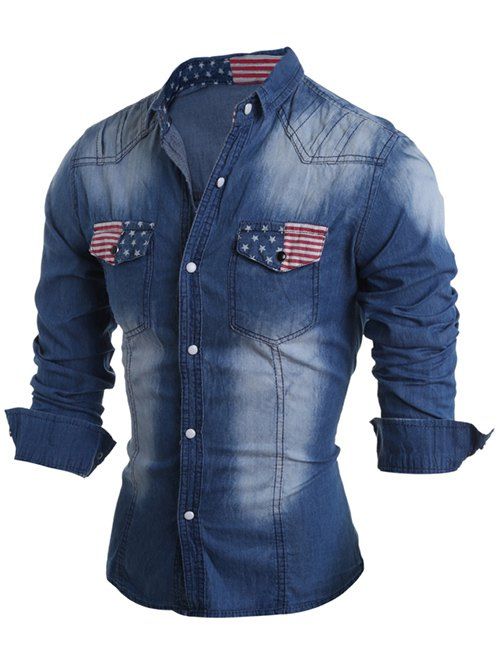 Chemise en denim à boutons-pression avec poches avant en motif drapeau - Bleu profond L