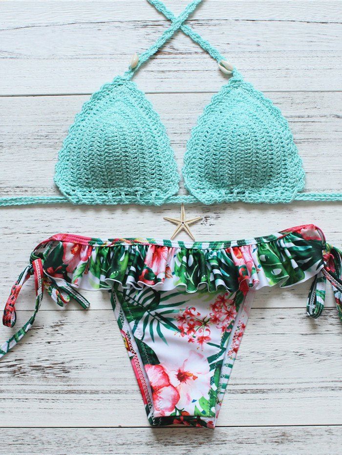

Printed Ruffle Halter Hand-Crochet Bikini, Green