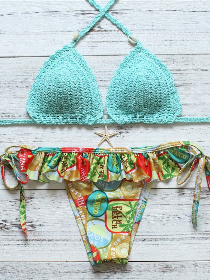 

Printed Ruffle Halter Hand-Crochet Bikini, Earthy
