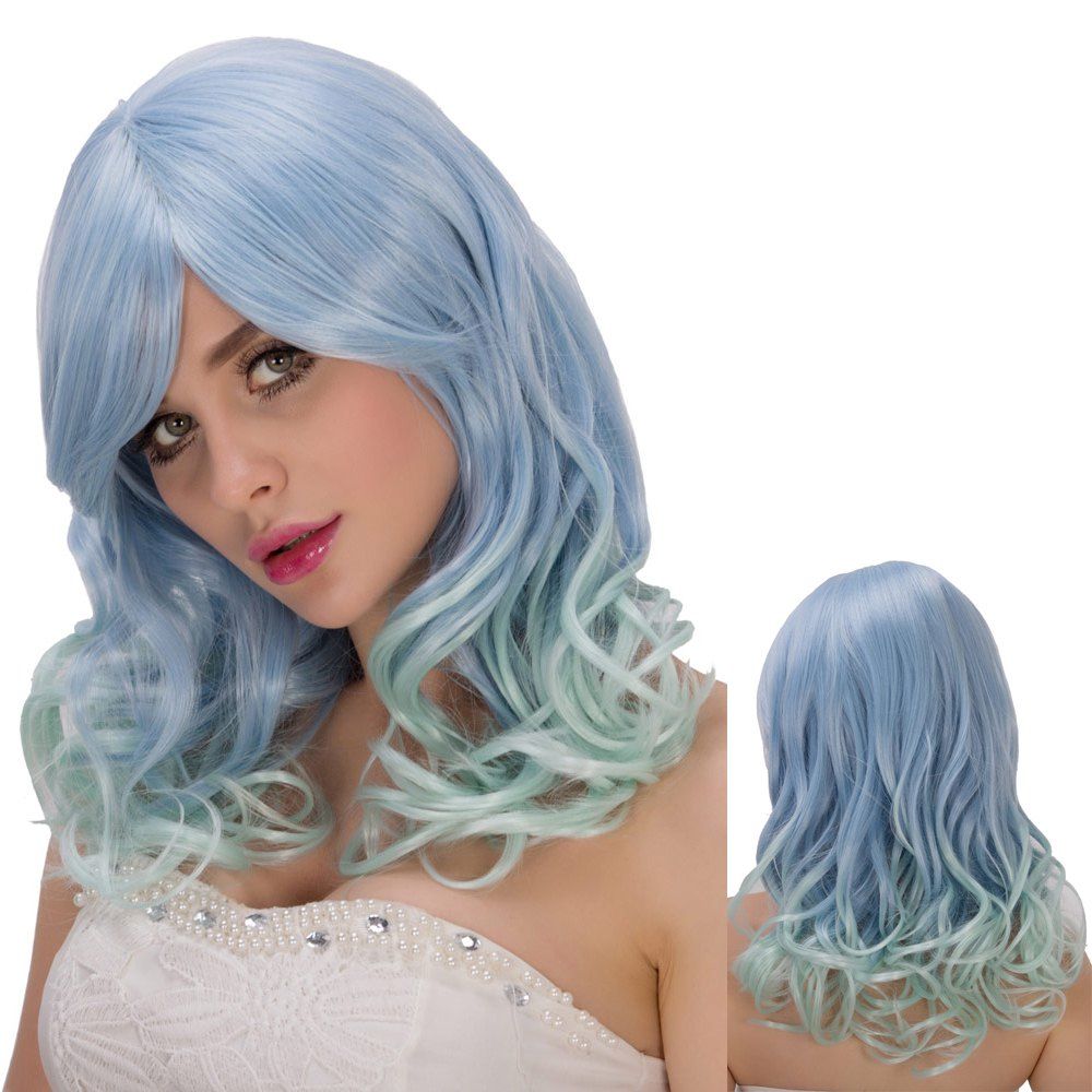 

Graceful Blue Mixed Green Long Side Bang Wavy Film Character Cosplay Wig, Colormix