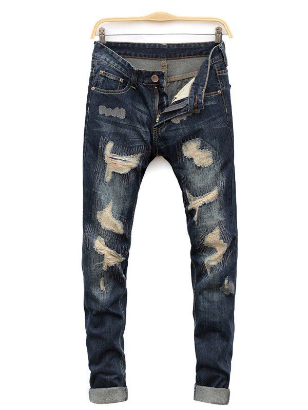 

Straight Leg Cat's Whisker Distressed Denim Jeans, Blue