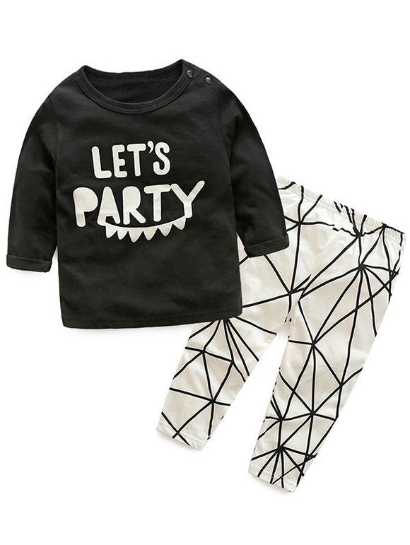 T-shirt à lettres imprimées à col rond avec pantalon géométrique pour bébé - Blanc et Noir 95