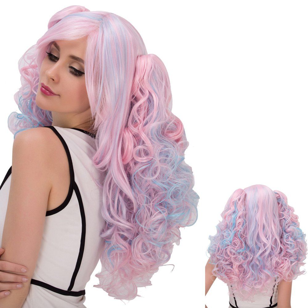 

Colored Film Character Long Fluffy Side Bang Wavy With Bunches Cosplay Wig, Colormix