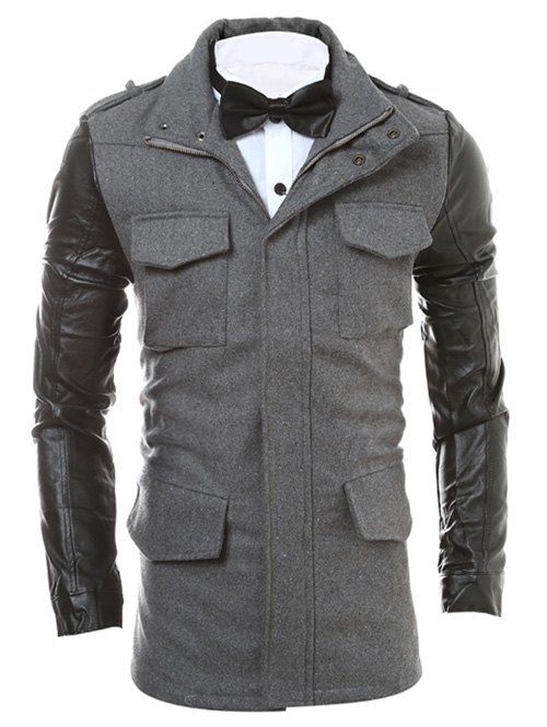 

Multi Flap Pocket PU Sleeve Splicing Coat, Gray