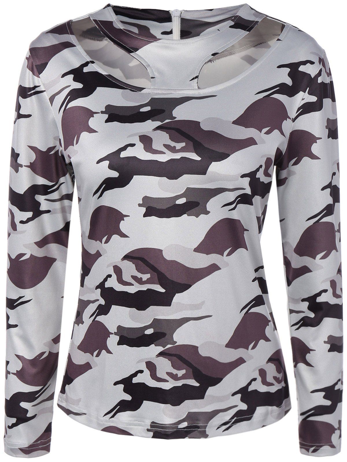 [41% OFF] 2021 Jewel Neck Cut Out Camouflage T-Shirt In WHITE | DressLily