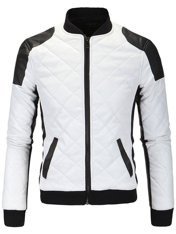 Zip-Up Coton Matelassé Argyle Color Bloc Épissage Pu-Cuir Jacket - Blanc XL