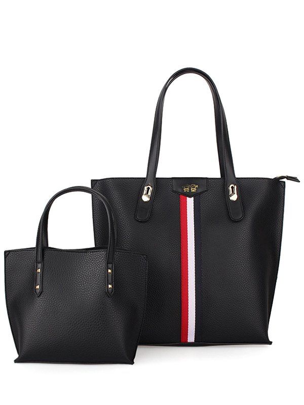 

Textured PU Leather Stripe Handbag, Black
