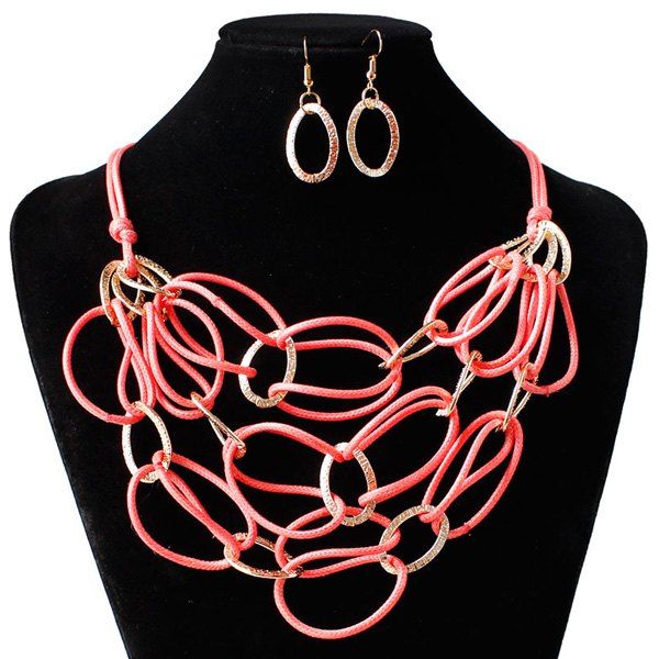 

Interlace PU Leather Woven Necklace Set, Watermelon red