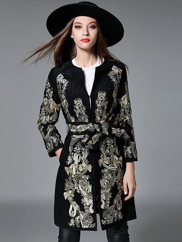 Slim Gold Thread Embroidered Long Belted Wool Coat - BLACK 2XL