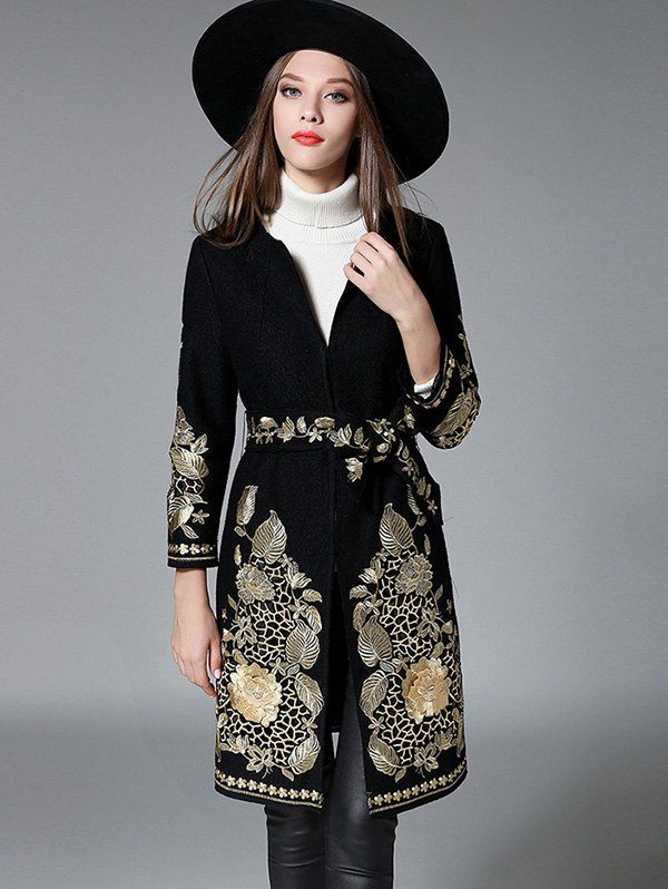 

Slim Gold Thread Embroidered Long Wool Coat, Black