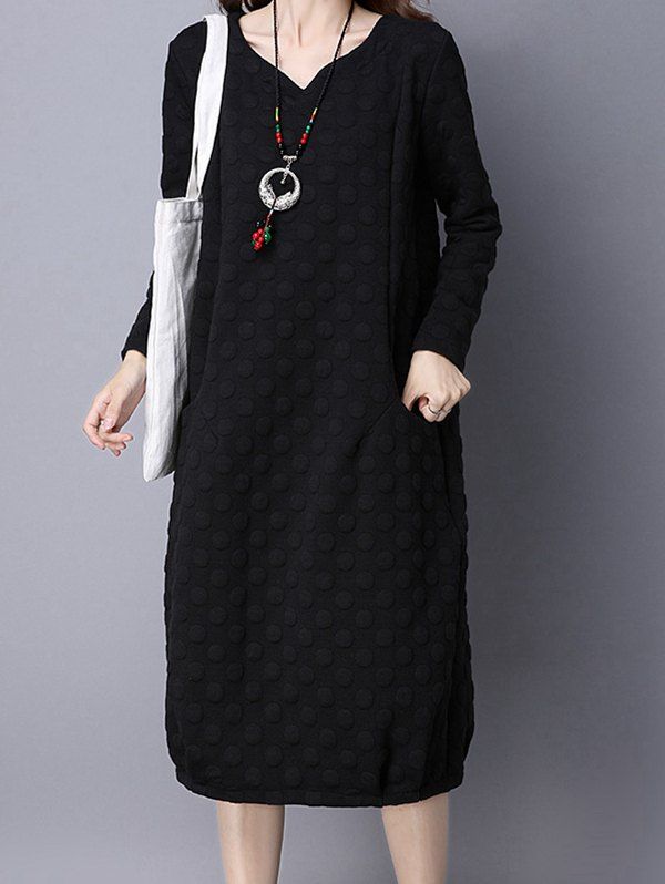 

Polka Dot Long Sleeve Pocket Dress, Black