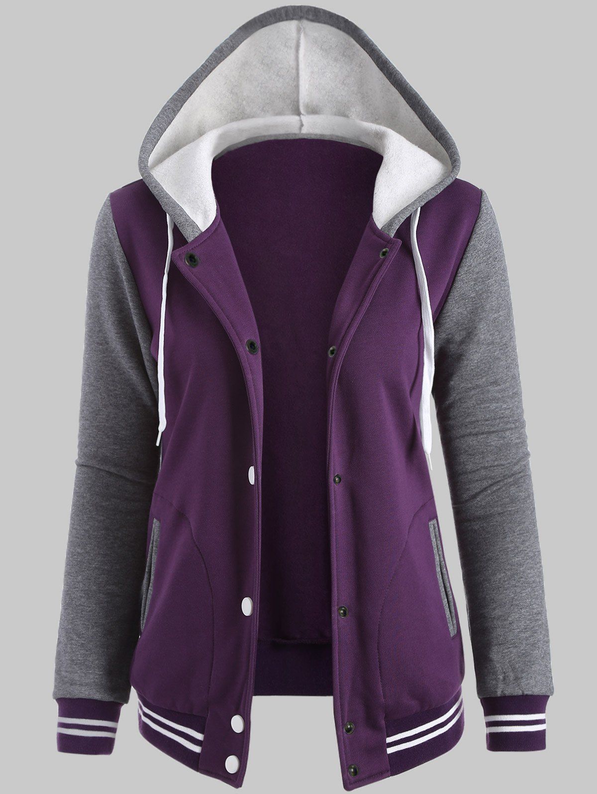 

Plus Size Fleece Baseball Jacket with Hood, Purple