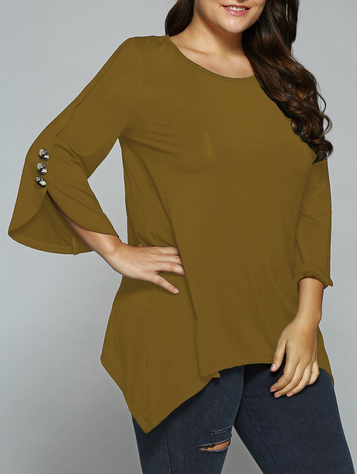 

Button Embellished Sleeve Asymmetrical Blouse, Sugar honey
