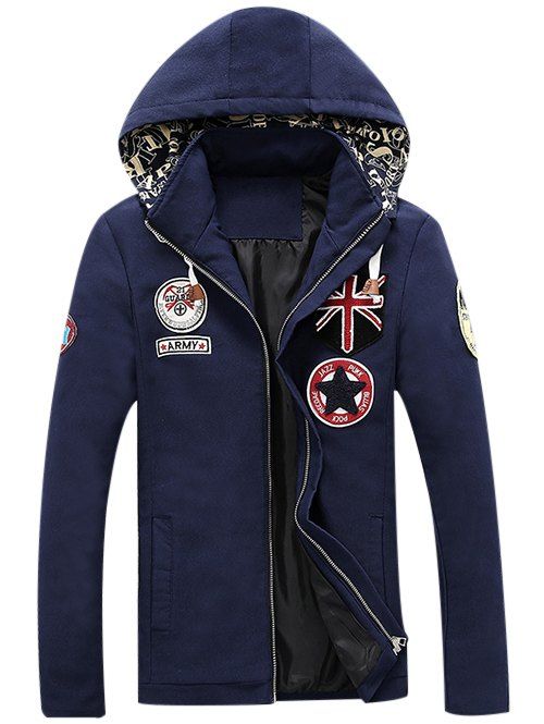 

Zip-Up Multi Applique Design Hooded Jacket, Deep blue