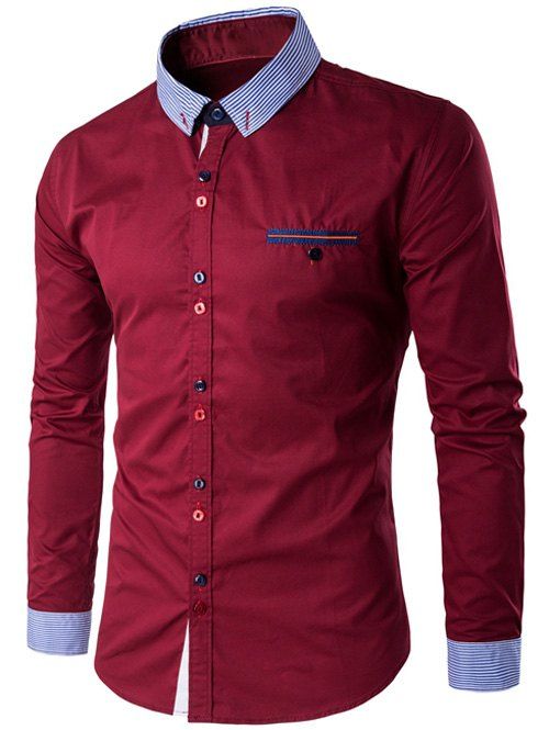Chemise manches longues à col rabattu, avec boutons de bloc et bordures rayés - Rouge 5XL