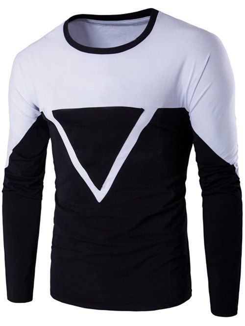 T-shirt manches longues, bloc de couleurs et applique triangulaire - Blanc 2XL