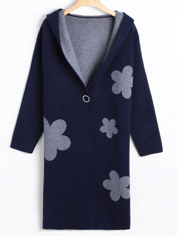 Manteau floral de laine à double flancs et capuche - Bleu Violet ONE SIZE