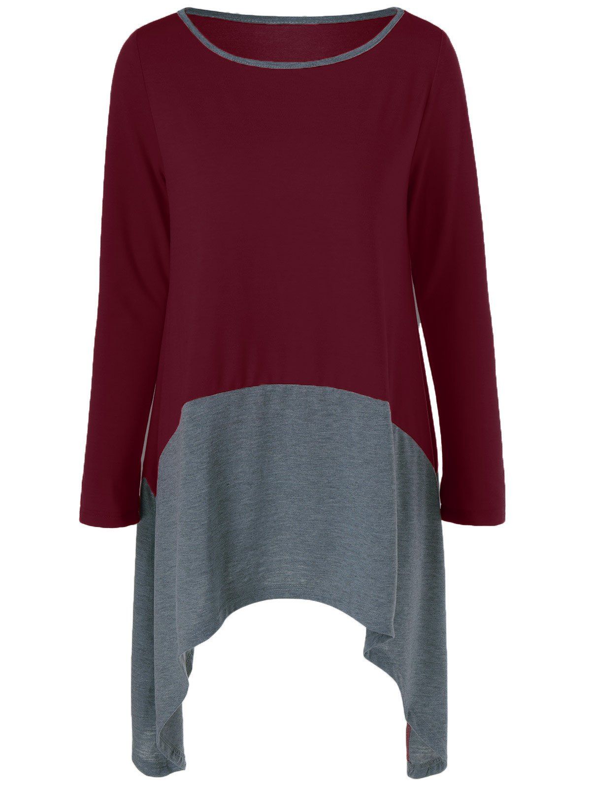 

Plus Size Asymmetrical Contrast Trim T-Shirt, Gray and red