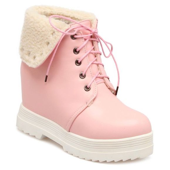 Faux Shearling Hidden Wedge Lace-Up Boots - PINK 39