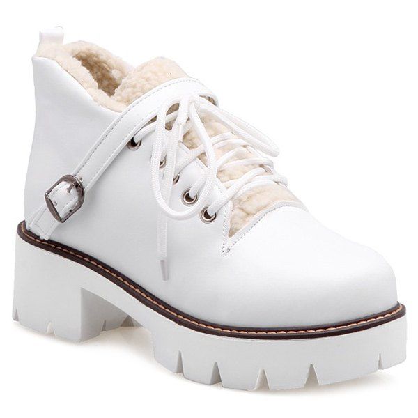 

Faux Shearling Buckle Strap Chunky Heel Boots, White