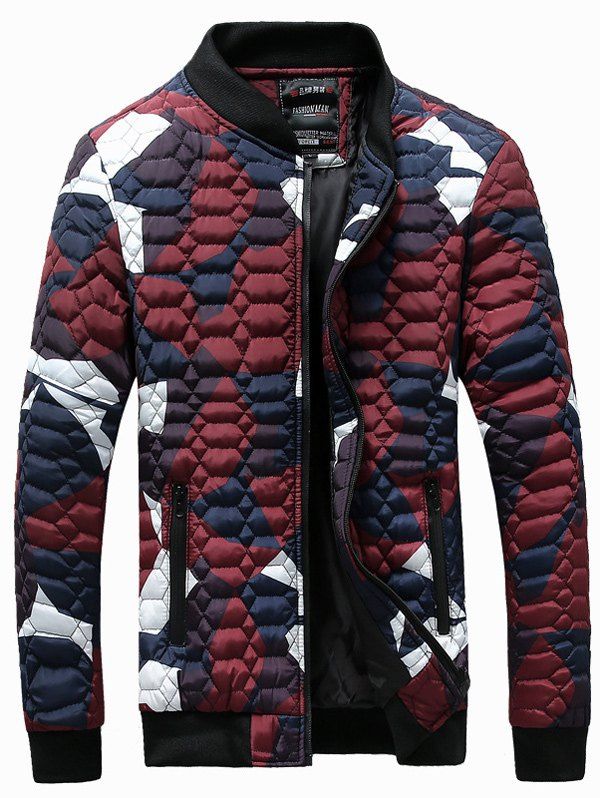 

Stand Collar Printed Geometric Pattern Quilted Jacket, Red