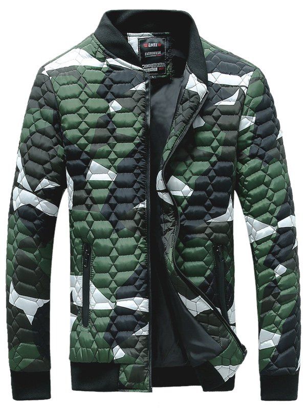 

Stand Collar Printed Geometric Pattern Quilted Jacket, Green