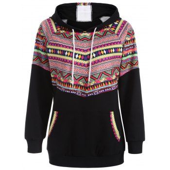 

Casual Raglan Sleeve Pullover Geometric Hoodie, Black