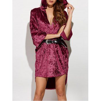 

Three Quarter Sleeve Hooded Velvet Dress, Wine red