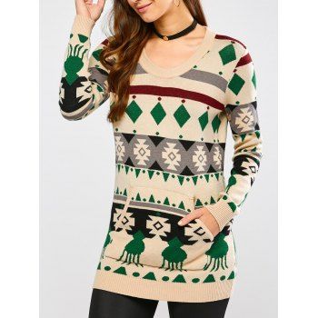 

Crew Neck Geometric Pullover Knit Sweater, Beige