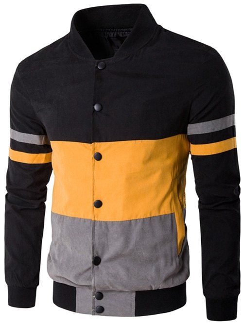 

Snap Button Up Color Matching Striped Jacket, Yellow