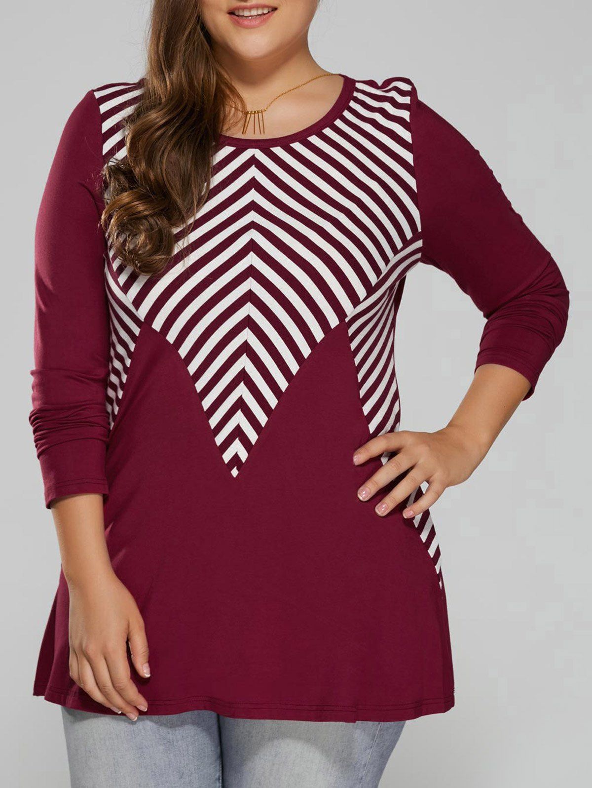 

Plus Size Striped Trim T-Shirt, Red with white