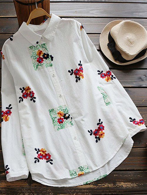 

Floral Embroidered Linen Blend Shirt, White