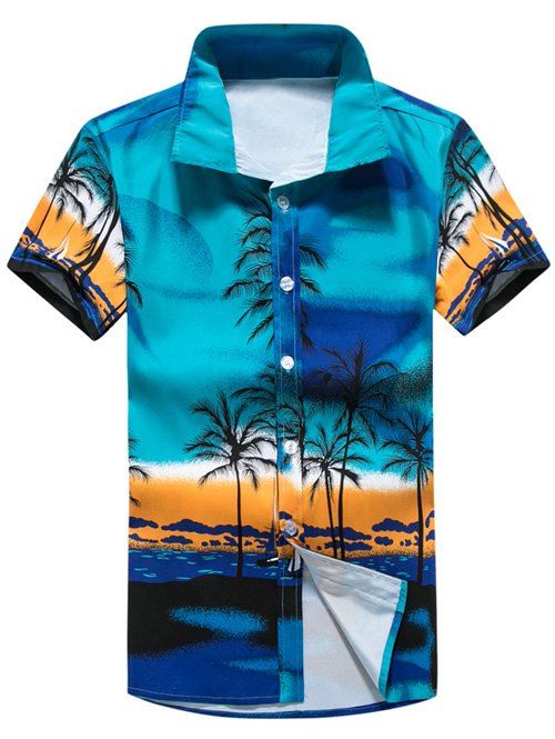 Manches courtes Tropical T-shirt imprimé - Bleu 3XL