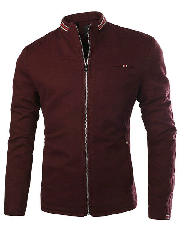

Stand Collar Stripe Selvedge Embellished Zip-Up Thicken Jacket, Wine red