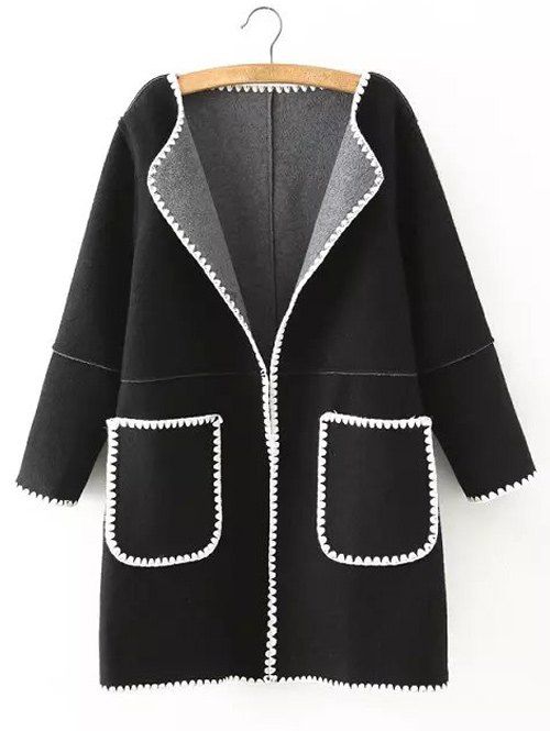 Manteau en Laine Grande Taille à Bord Contrastant - Noir XL