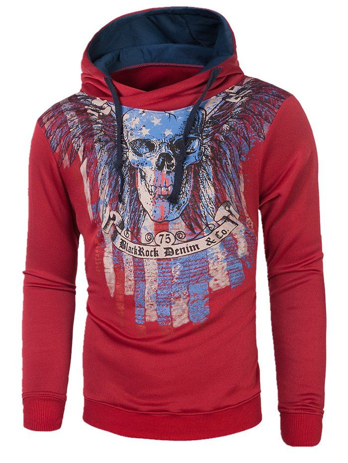 

Long Sleeves Skull Printed Drawstring Hoodie, Red
