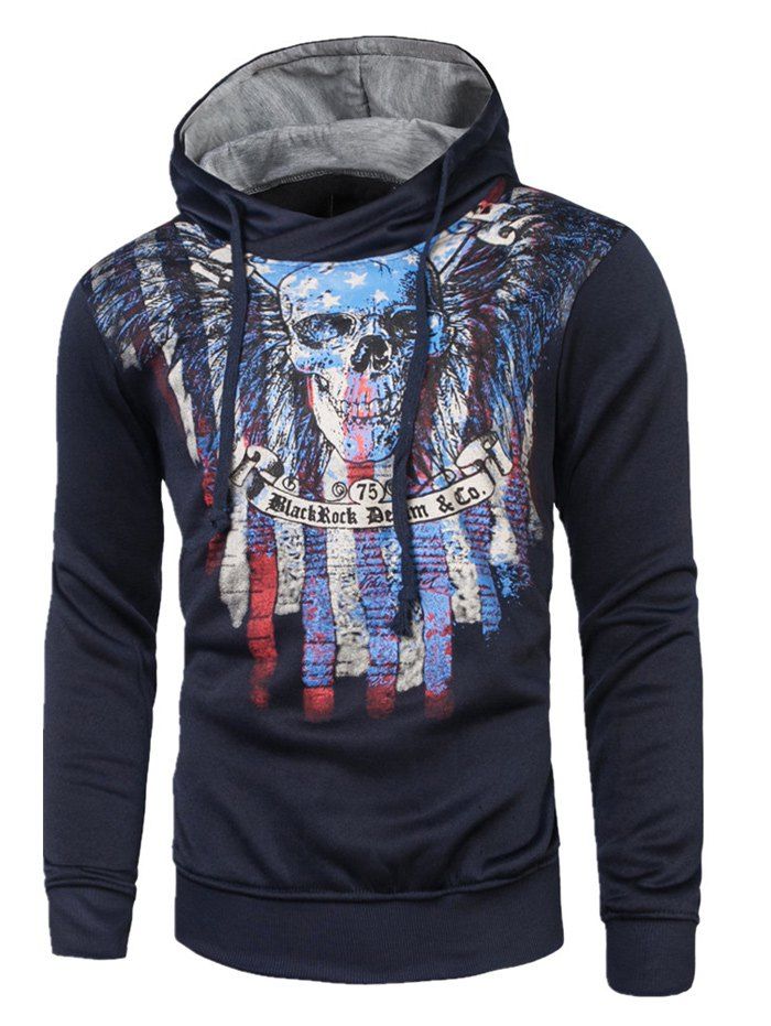 

Long Sleeves Skull Printed Drawstring Hoodie, Cadetblue