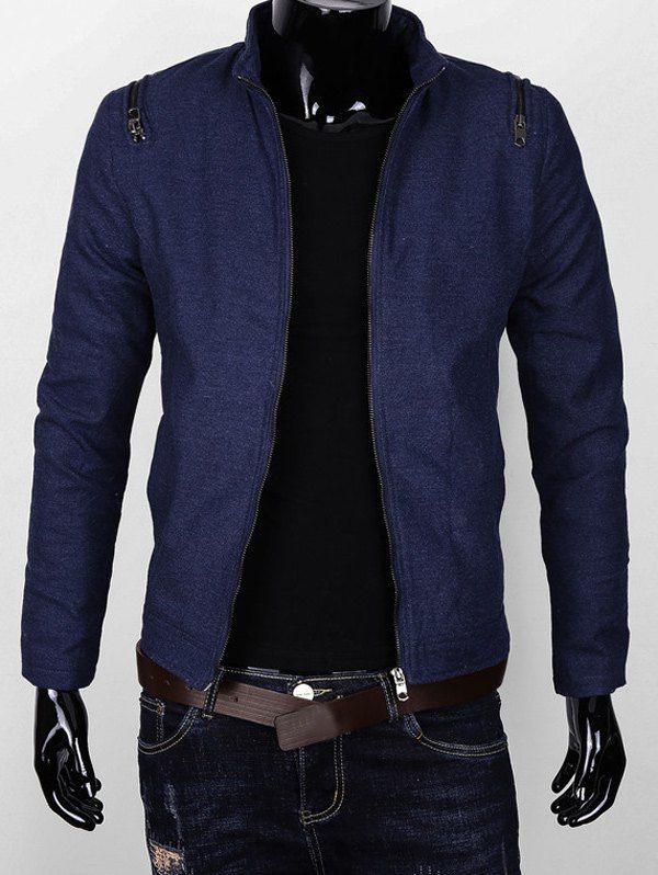 

Stand Collar Zipper Embellished Thicken Jacket, Blue