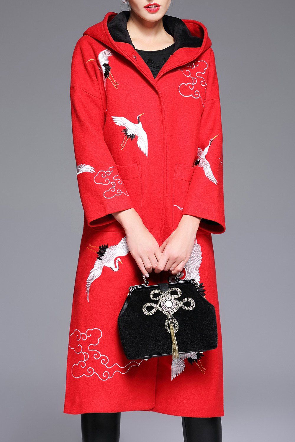 

Wool Blend Hooded Embroidered Coat, Red