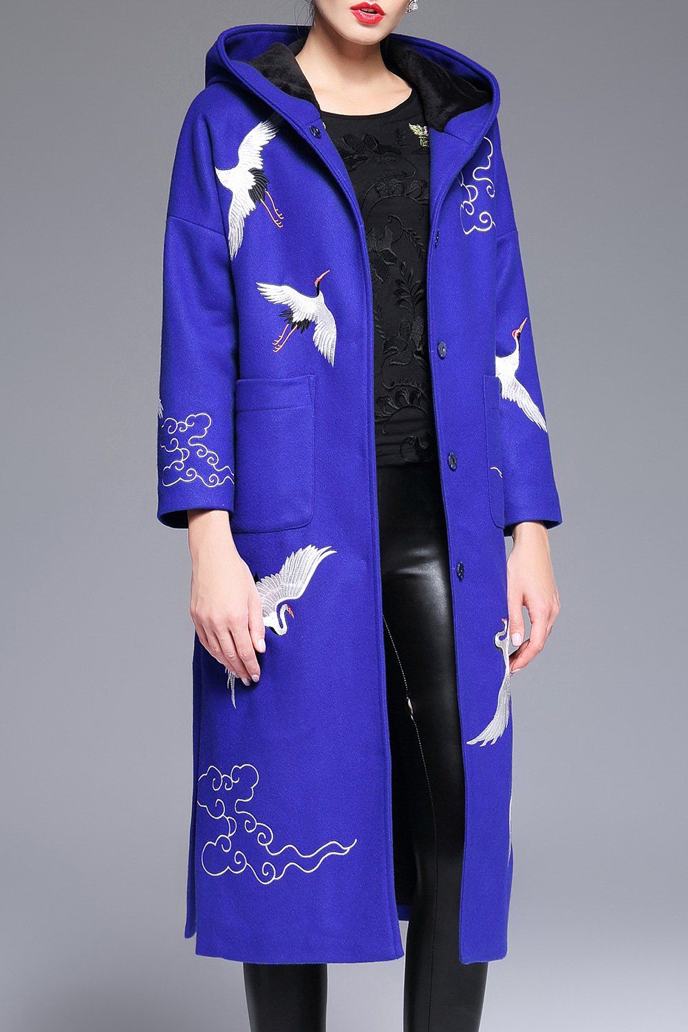 

Wool Blend Hooded Embroidered Coat, Blue