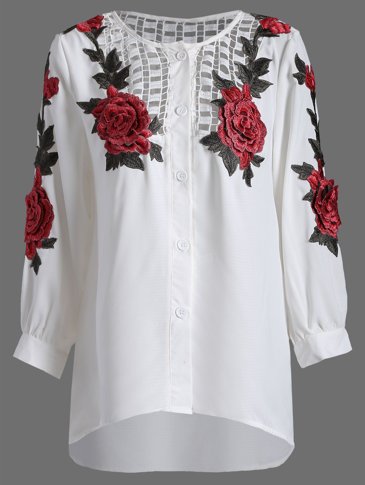 

Openwork Rose Embroidery Blouse, White