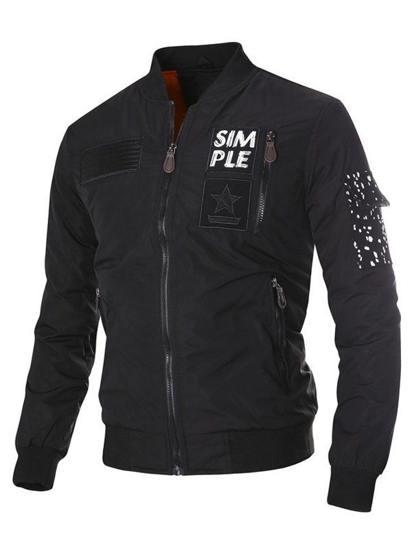 

Stand Collar Appliques Zip-Up Thicken Jacket, Black