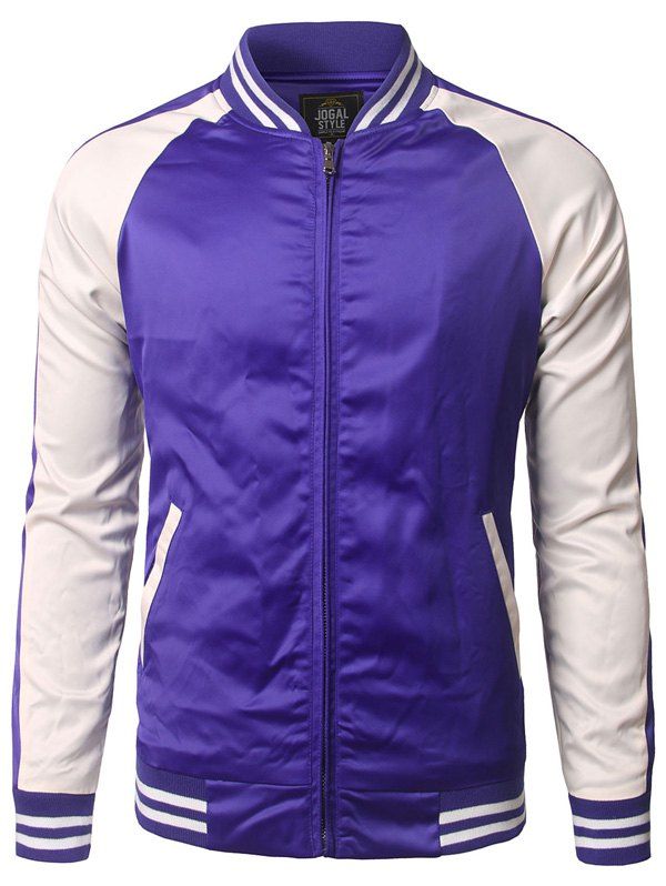

Pocket Design Color Block Striped Zippered Jacket, Blue