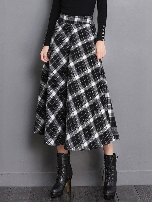 [41% OFF] 2020 High Waisted Midi Tartan Skirt In BLACK | DressLily